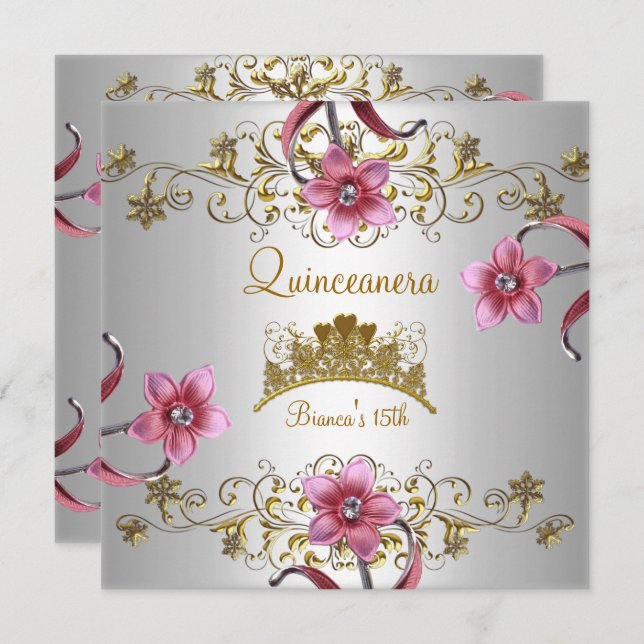 Quinceanera 15:e vita Rosa Flowers Guld Tiara Inbjudningar (Fram/baksida)