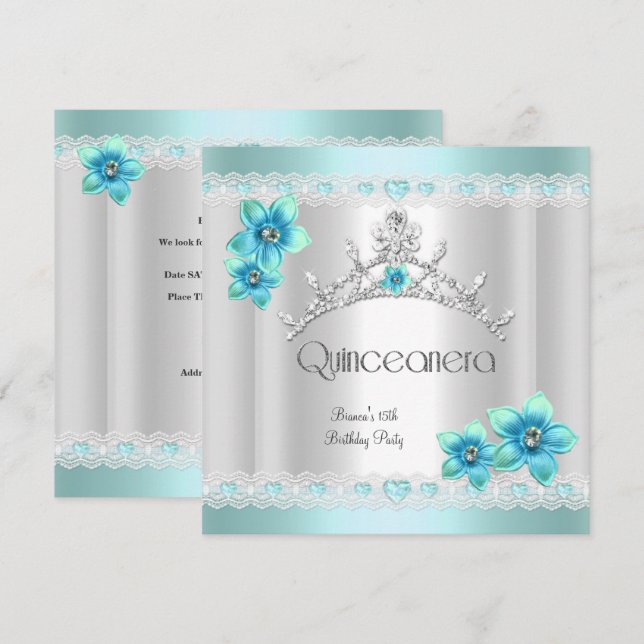 Quinceanera 15:e vita teal blå silver tiara inbjudningar (Fram/baksida)
