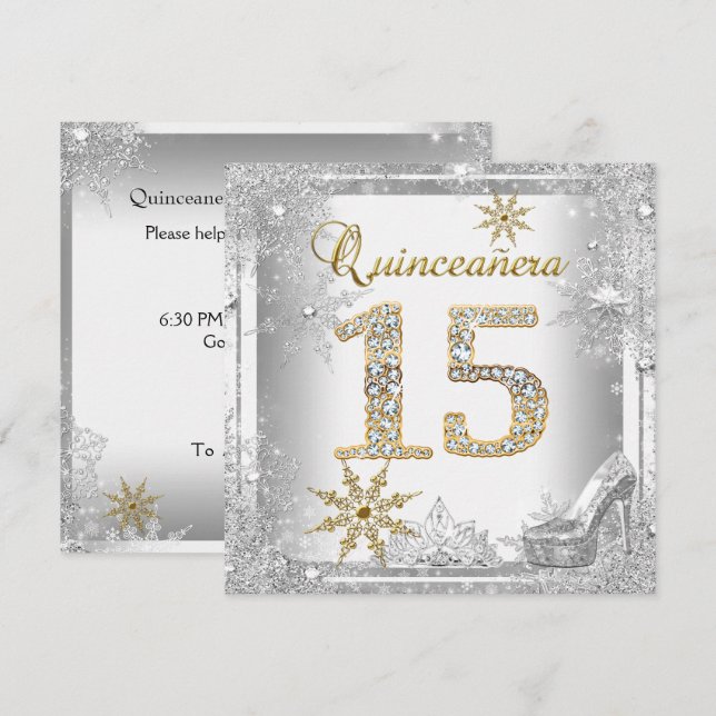 Quinceanera 15 födelsedag silver vit guld elit inbjudningar (Fram/baksida)
