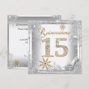 Quinceanera 15 födelsedag silver vit guld elit inbjudningar