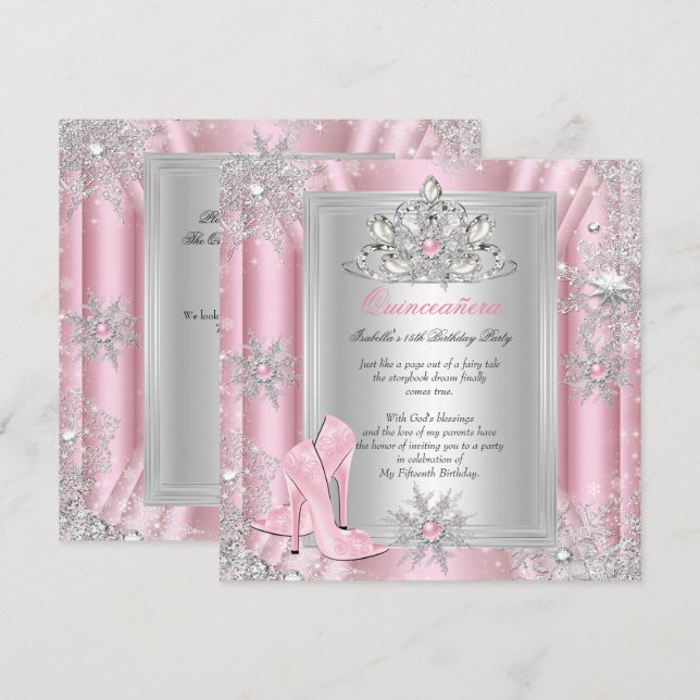 Quinceanera 15 Födelsedags ljusrosa klackar 2 Inbjudningar (Fram/baksida)