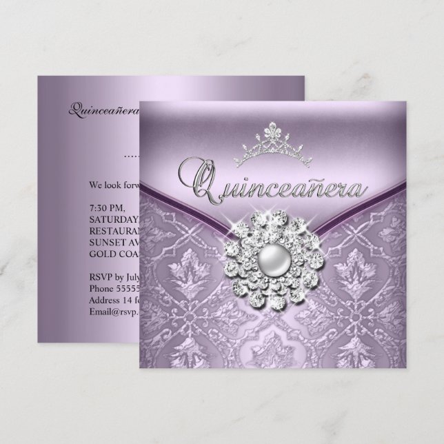 Quinceañera 15 Födelsedagsfest Damask Lilakört Inbjudningar (Fram/baksida)