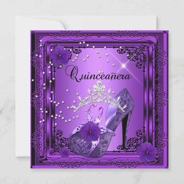 Quinceanera 15 Födelsedagsfest Lila Svart Inbjudningar (Framsida)