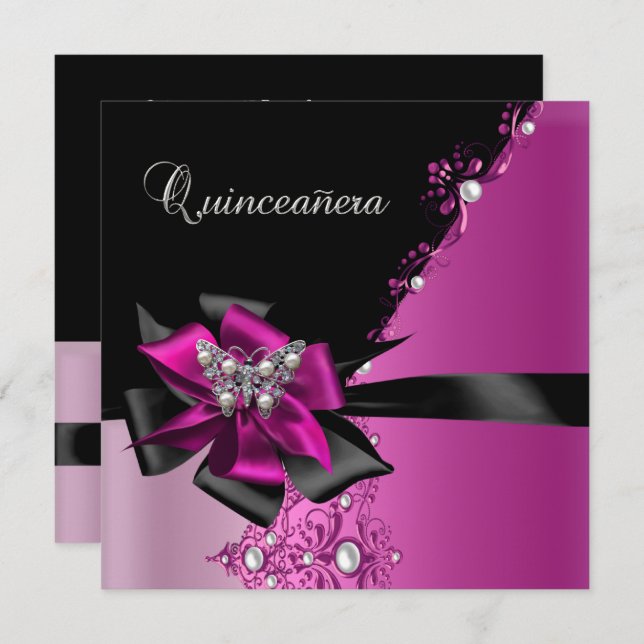 Quinceanera 15-Födelsedagsfesters Shock rosa Black Inbjudningar (Fram/baksida)