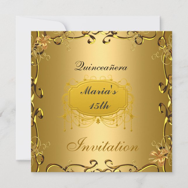 Quinceañera 15 Födelsedagsinbjudan Guld Inbjudningar (Framsida)