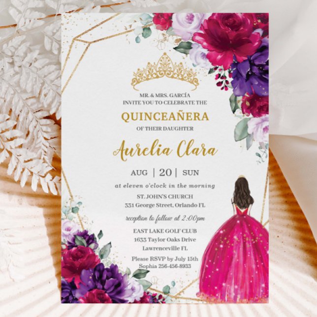 Quinceañera 15 Fuchsia Dress Lila Lilac Blommigt Inbjudningar (Skapare uppladdad)