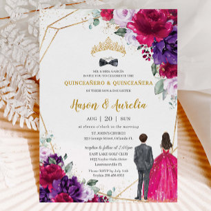 Quinceañera 15 Fuchsia Lila Lilac Blommigt Twillin Inbjudningar
