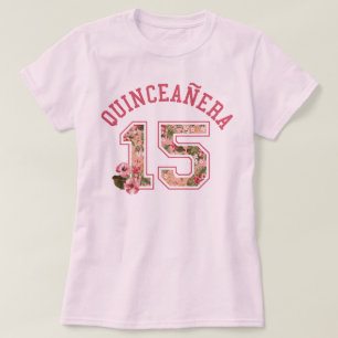 Quinceanera 15 idrotts- rosa blommigt t shirt