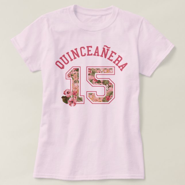 Quinceanera 15 idrotts- rosa blommigt t shirt (Design framsida)
