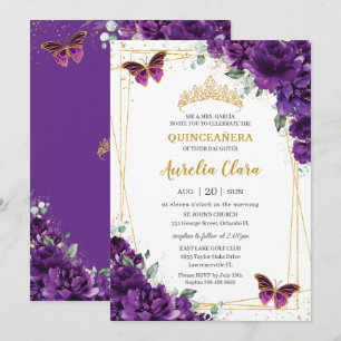Quinceañera 15 Mörkars Royal Lila Blommigt Butterf Inbjudningar