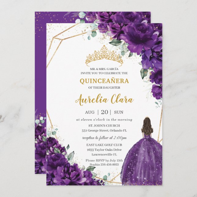 Quinceañera 15 Mörkars Royal Lila Dress Guld Blomm Inbjudningar (Fram/baksida)