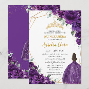 Quinceañera 15 Mörkars Royal Lila Dress Guld Blomm Inbjudningar