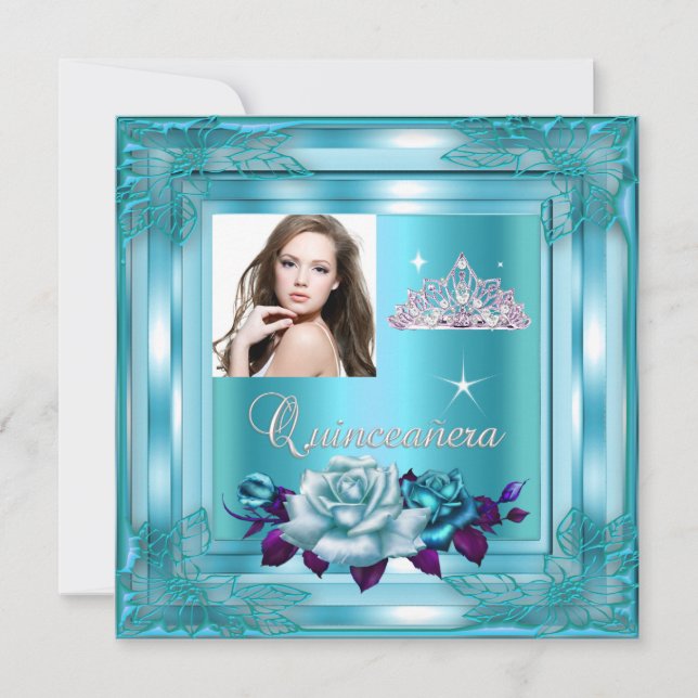Quinceanera 15 Party Blue Teal Ro Photo Inbjudningar (Framsida)