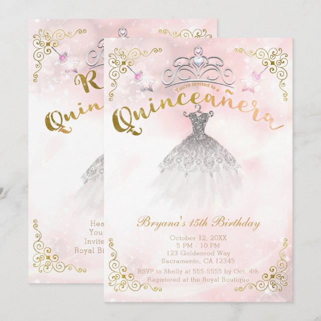 Quinceañera 15 Princess Gnistra Födelsedagsfest Inbjudningar (Fram/baksida)