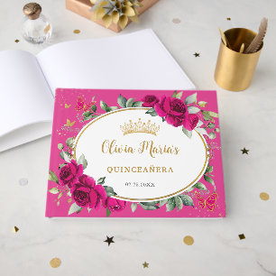 Quinceanera 15 Rosa Fuksia Blommig Fjäril Guld Gästböcker