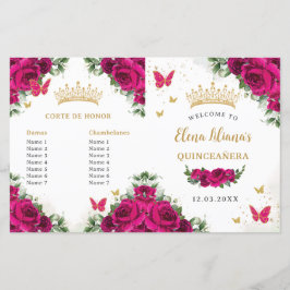 Quinceañera 15 Rosa Fuksia Blommig Guld Program