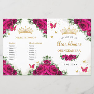 Quinceañera 15 Rosa Fuksia Blommig Guld Program