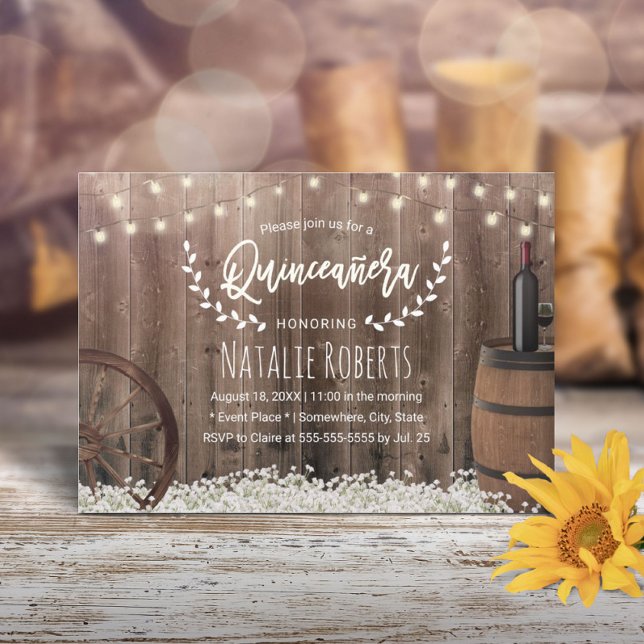 Quinceanera 15 Rustic Flowers Vin Barrel Birthday Inbjudningar (Skapare uppladdad)