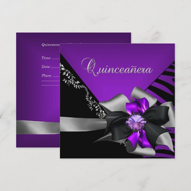 Quinceanera 15 Sebra Lila Svart Silver Inbjudningar (Fram/baksida)