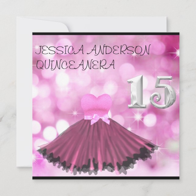 QUINCEANERA 15 Silver Svart Rosa Klänning Bubble Inbjudningar (Framsida)