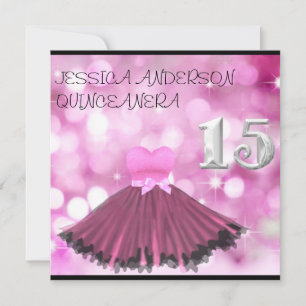 QUINCEANERA 15 Silver Svart Rosa Klänning Bubble Inbjudningar