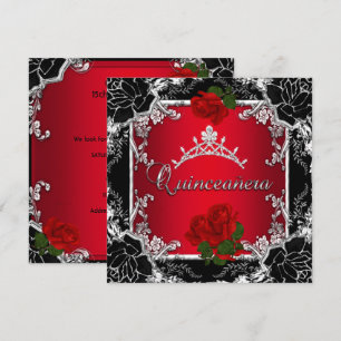 Quinceañera 15 Svart Silver Tiara Röd Ros Blommig Inbjudningar