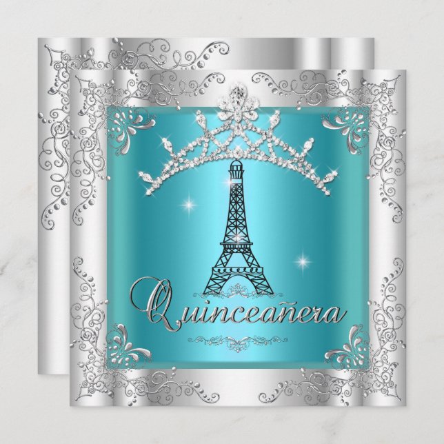 Quinceanera 15 Teal Blue Silver Tiara Eiffel Torn Inbjudningar (Fram/baksida)