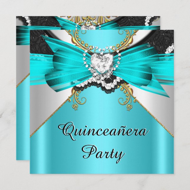 Quinceanera 15 Teal Guld Snöre judeled Party Inbjudningar (Fram/baksida)
