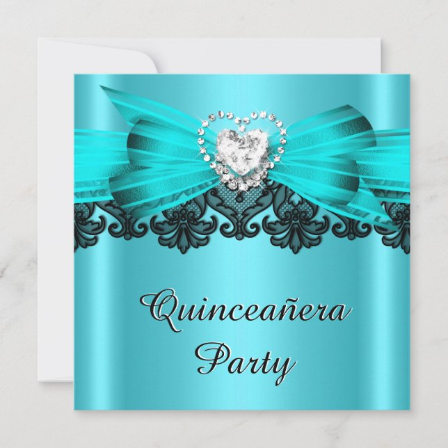Quinceanera 15 Teal white Snöre judeled Party 2 Inbjudningar (Framsida)