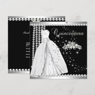 Quinceanera 15 Tiara Gown Black Silver White Inbjudningar
