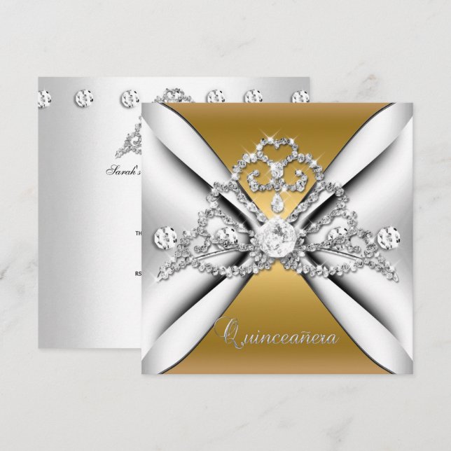 Quinceanera 15 Tiara Guld Silver Vitt Inbjudningar (Fram/baksida)