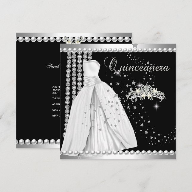 Quinceanera 15 Tiara Klänning Svart Silver Vitt Inbjudningar (Fram/baksida)