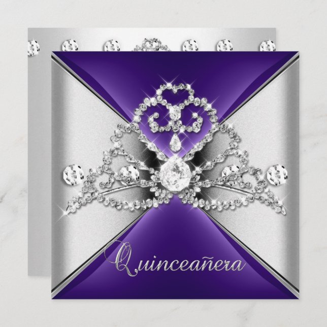 Quinceanera 15 Tiara Lila Silver White Diamond Inbjudningar (Fram/baksida)