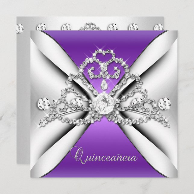 Quinceanera 15 Tiara Lila Silver White Inbjudningar (Fram/baksida)