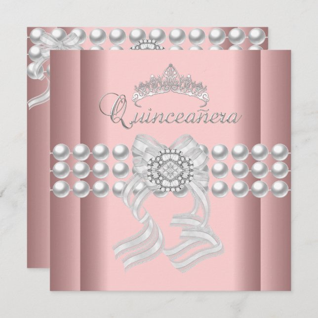 Quinceanera 15 Tiara Rosa Silver White Pearl Rosa Inbjudningar (Fram/baksida)