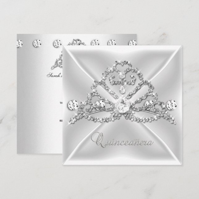 Quinceanera 15 Tiara Silver Vit Diamant 2 Inbjudningar (Fram/baksida)