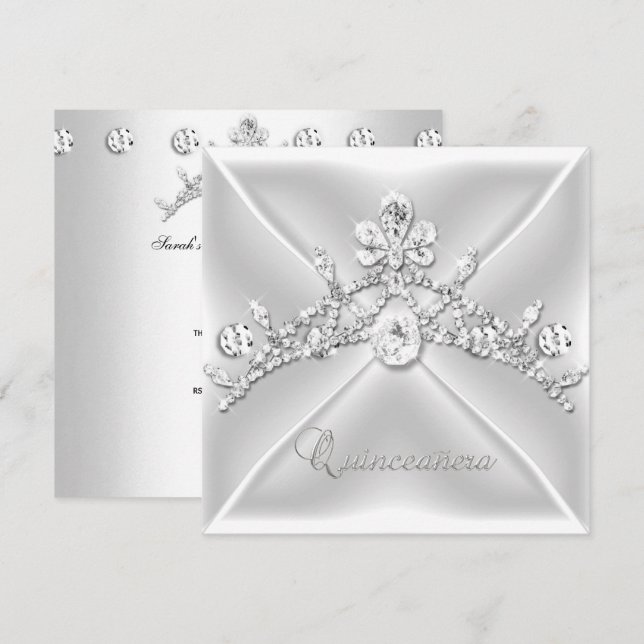 Quinceanera 15 Tiara Silver Vit Diamant Inbjudningar (Fram/baksida)