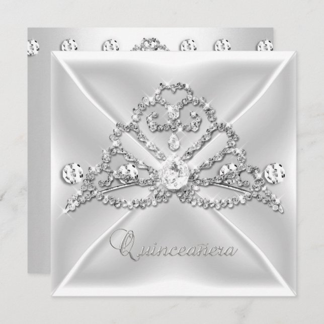 Quinceanera 15 Tiara Silver White Diamond 2 Inbjudningar (Fram/baksida)