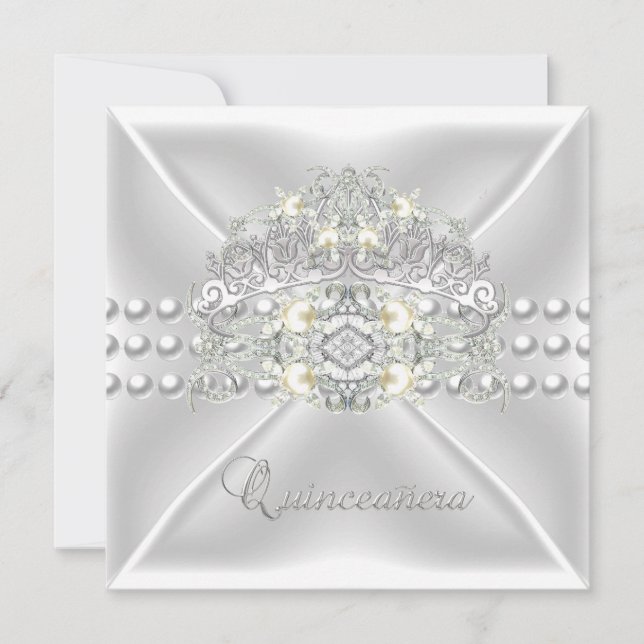 Quinceanera 15 Tiara Silver White Pearl Diamond Inbjudningar (Framsida)