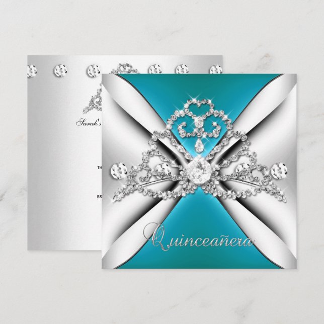 Quinceanera 15 Tiara Teal Blue Silver White Inbjudningar (Fram/baksida)