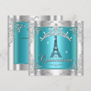 Quinceanera 15 Turkos Silver Tiara Eiffeltornet Inbjudningar