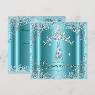 Quinceanera 15 turkos silver tiara Eiffeltornet Inbjudningar
