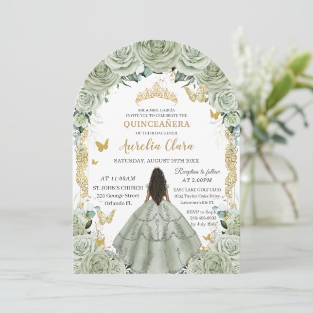 Quinceañera 15 XV Sage Grönt Blommigt Guld Arch Inbjudningar (Stående Fram)