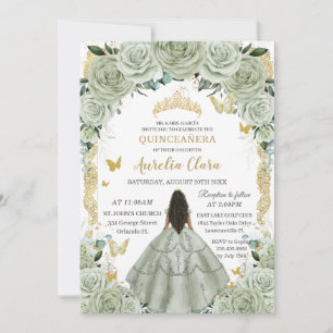 Quinceañera 15 XV Sage Grönt Blommigt Vintage Guld Inbjudningar