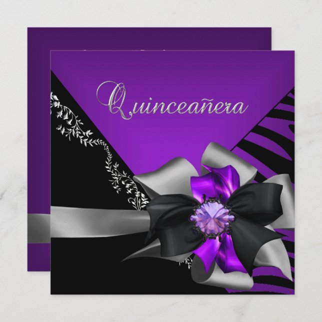 Quinceanera 15 Zebra Lila Black Silver Inbjudningar (Fram/baksida)