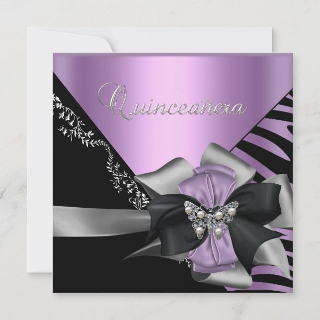 Quinceanera 15 Zebra Lilac Lila Black Silver Inbjudningar (Framsida)