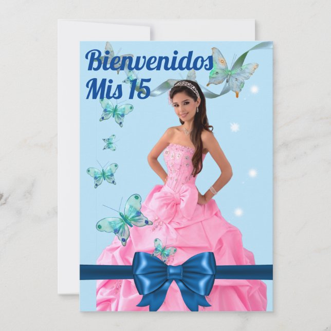  QUINCEAÑERA 15th BIRTHDAY CARD, BLUE BUTTERFLY Inbjudningar (Framsida)