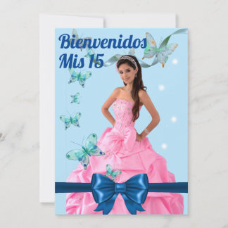 QUINCEAÑERA 15th BIRTHDAY CARD, BLUE BUTTERFLY Inbjudningar