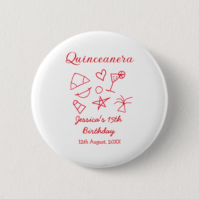 Quinceanera 15th birthday red beach party tree sun knapp (Framsida)