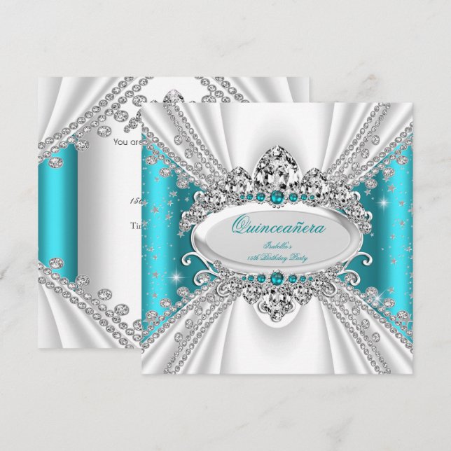 Quinceanera 15th Princess Teal Tiara Diamonds Inbjudningar (Fram/baksida)